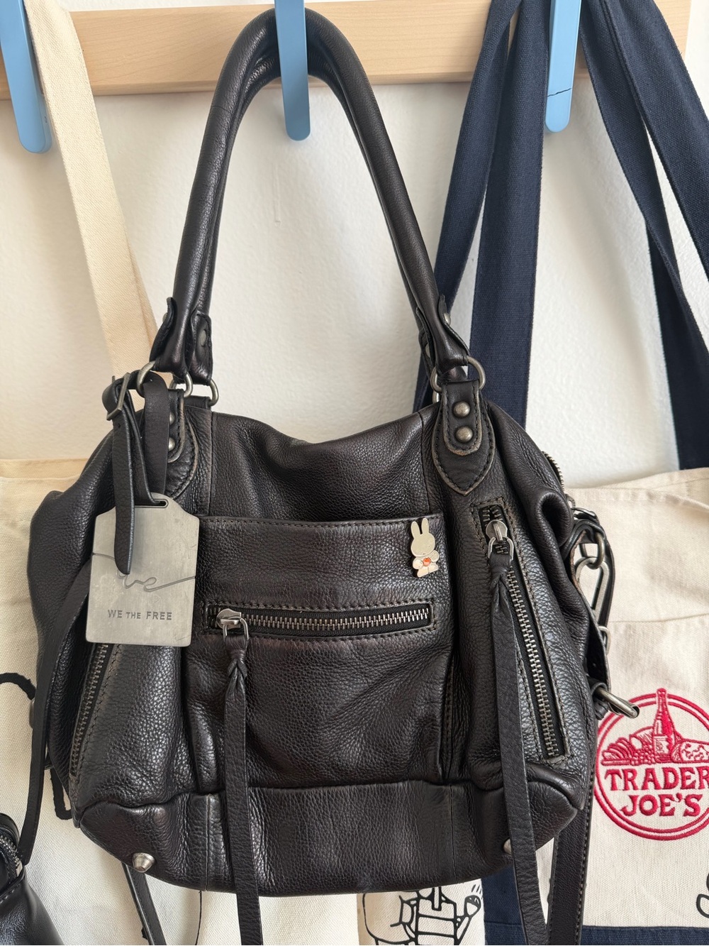 We The Free Black Pebbled Leather Shoulder Bag with Front Zips